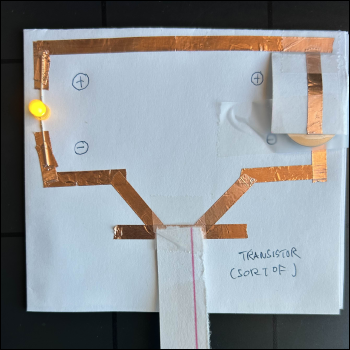 I called this a transistor, as I was mostly basing it off of diagrams I found, though this is more akin to a NOT gate than anything.