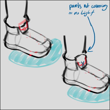 Boots that have a light that is only on (to signal 'good') when the ends of pants cover the boot-top